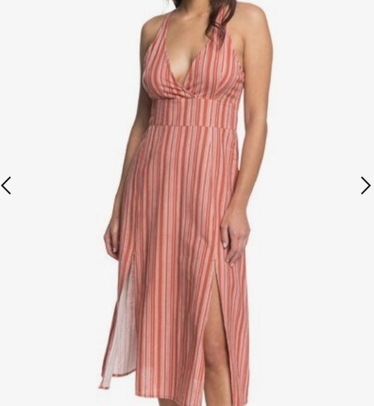 NWT Roxy Young Goddess linen blend red stripe midi dress with slits - Picture 1 of 8